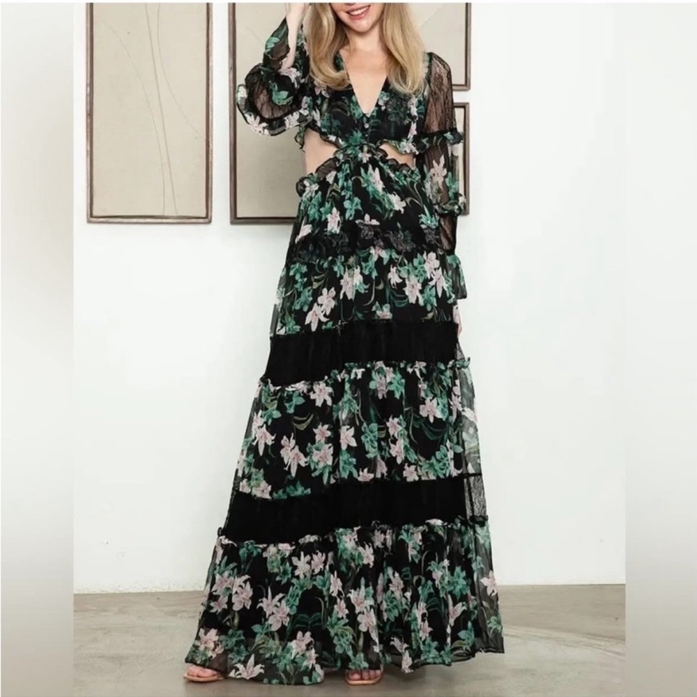 Tiered Black and Green Floral & Lace Cut Out Maxi Dress